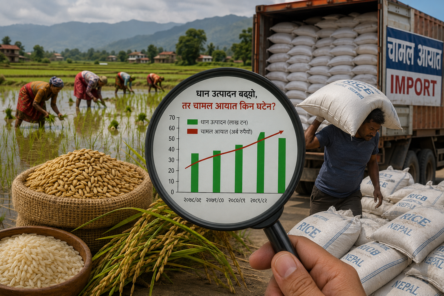 सरकारी तथ्यांक र आयातको ग्राफमा विरोधाभास: धान उत्पादन बढ्दा पनि किन रोकिँदैन चामल आयात?